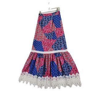 THE SANG Patchwork Print Boho Hippie Maxi Skirt Lace Trim Sz M